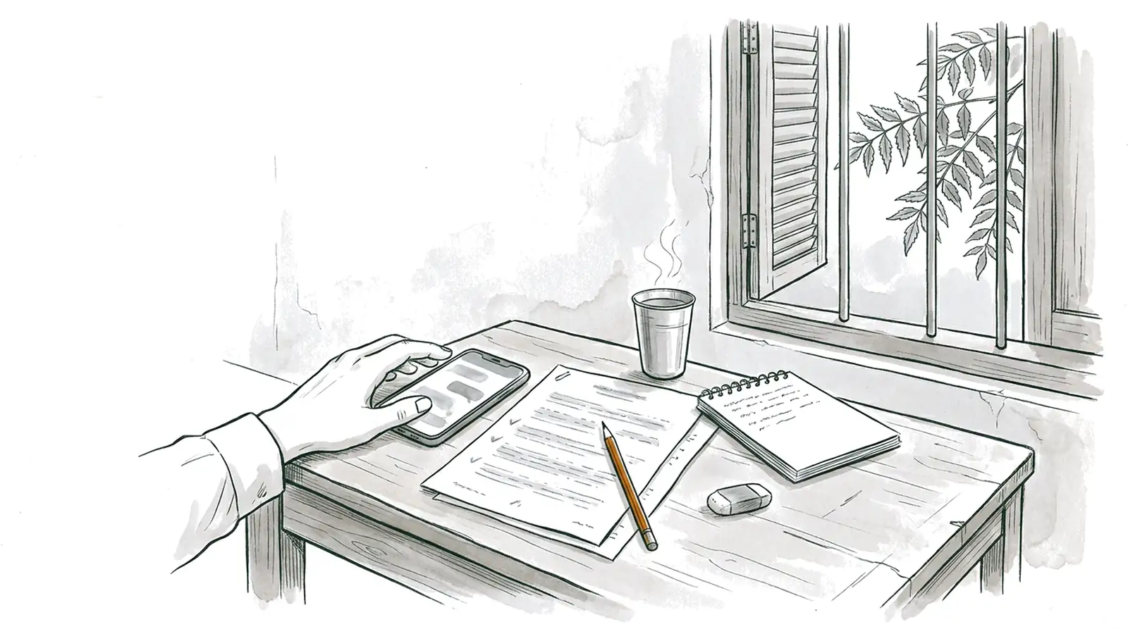 Drawing: a hand on a phone beside a printed notice, a notebook and a pencil, checking one against the other.