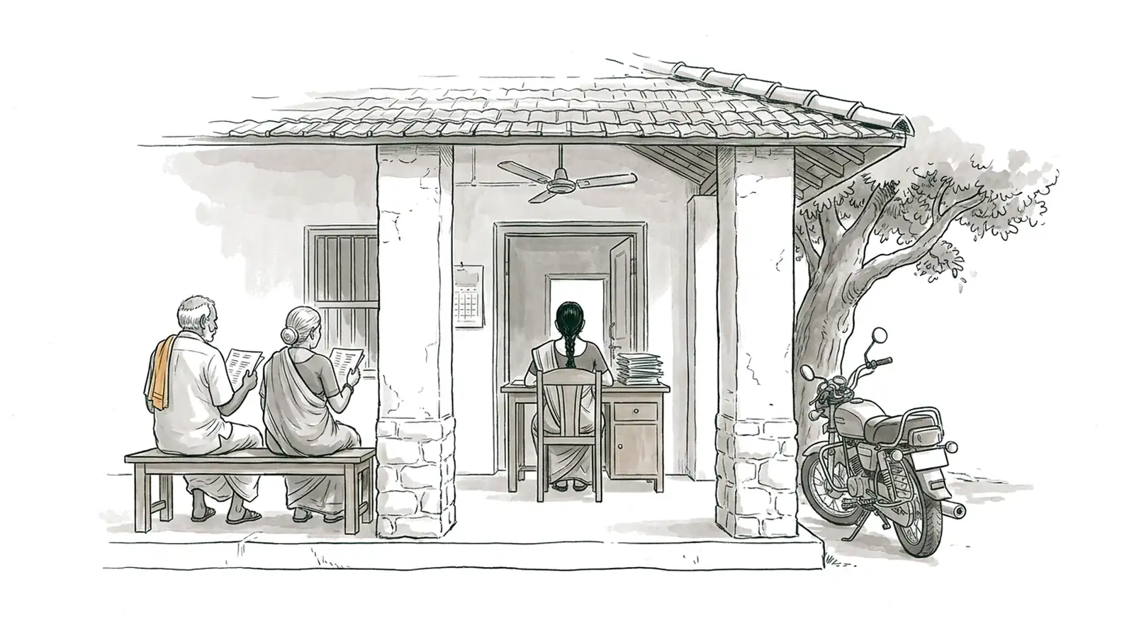 Drawing: the verandah of a mandal revenue office, two people waiting on a bench and an officer at her desk inside.