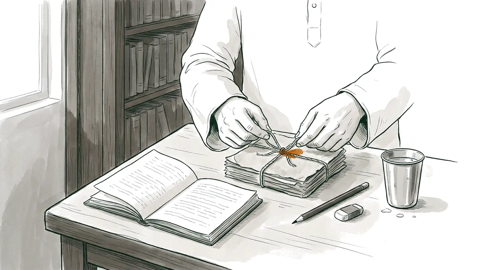 Drawing: hands untying a bundle of old question booklets on a library table.
