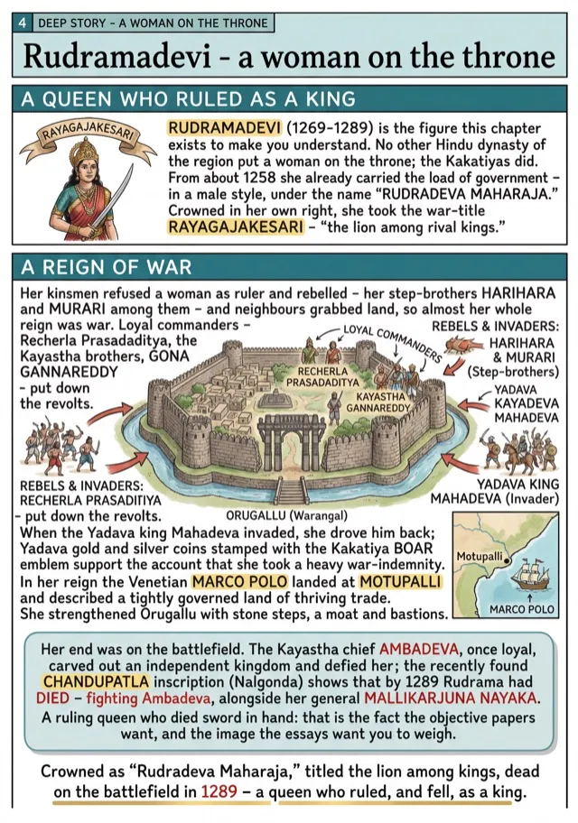 BLOOM APPSC illustrated AP History note — Rani Rudrama Devi story page