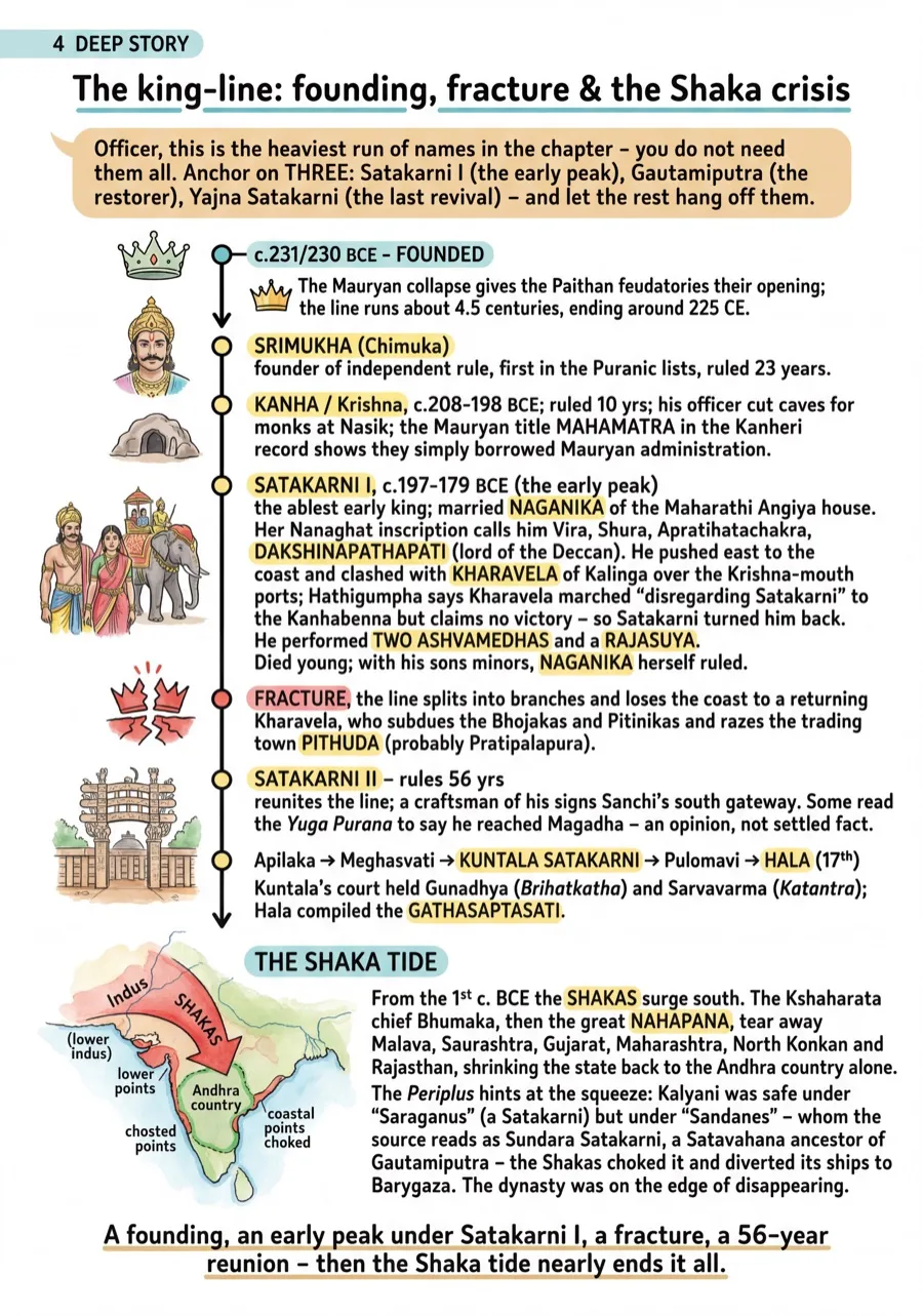 BLOOM APPSC illustrated AP History note — the Satavahana king-line timeline page