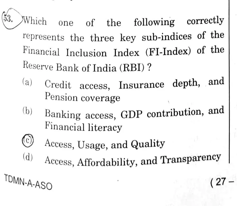 UPSC Prelims 2026 question on FI-Index sub-indices — exact match with the BLOOM note
