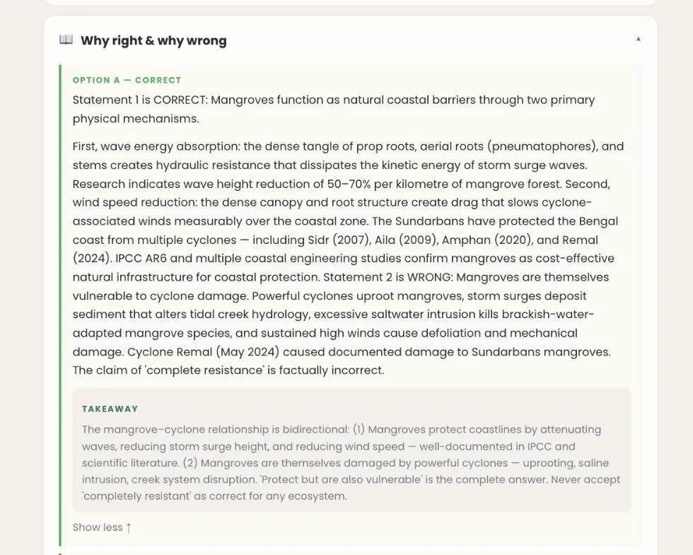 BLOOM illustrated note on Mangroves & climate resilience (Environment) — taught before UPSC Prelims 2026, same method as the APPSC series