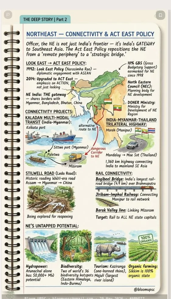BLOOM illustrated note on India–ASEAN connectivity (Geography · IR) — taught before UPSC Prelims 2026, same method as the APPSC series