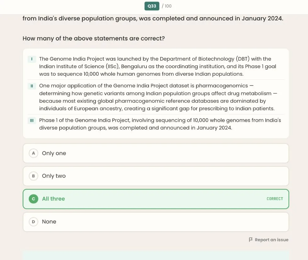 BLOOM illustrated note on GenomeIndia Project (Sci & Tech) — taught before UPSC Prelims 2026, same method as the APPSC series